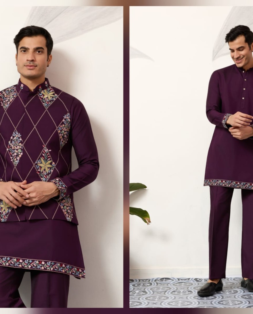 PURPLE - Premium Purple Koti Kurta Pajama for Wedding Wear