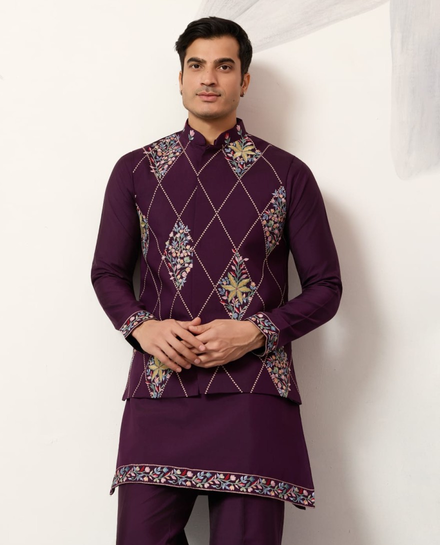 PURPLE - Premium Purple Koti Kurta Pajama for Wedding Wear