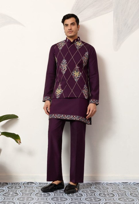 Premium Purple Koti Kurta Pajama for Wedding Wear