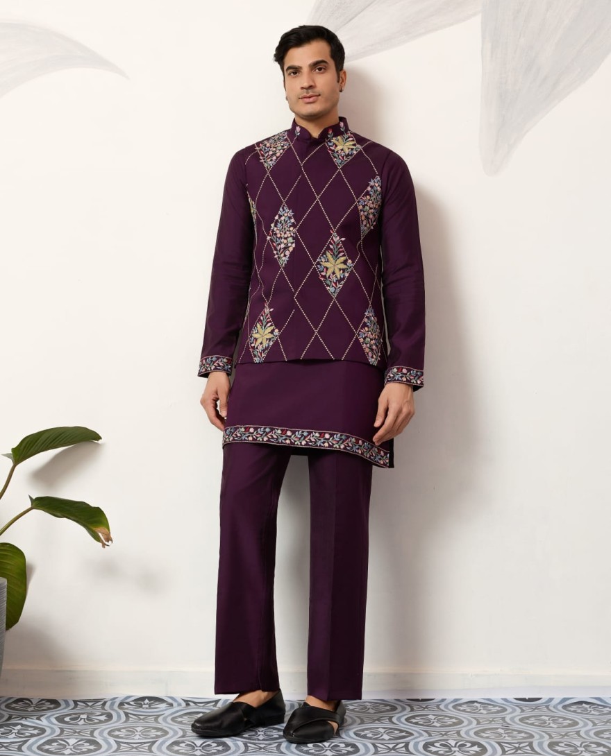 PURPLE - Premium Purple Koti Kurta Pajama for Wedding Wear