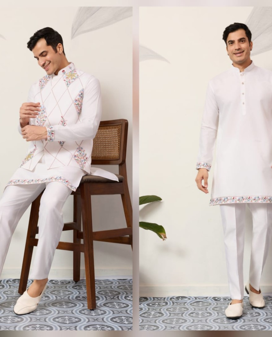 WHITE - Elegant Wedding Special White Koti Kurta Pajama Set