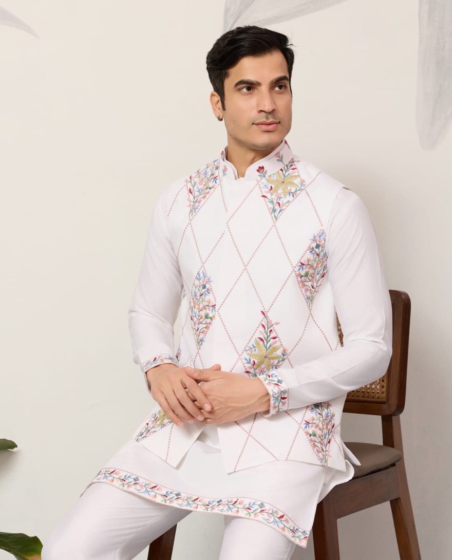 WHITE - Elegant Wedding Special White Koti Kurta Pajama Set