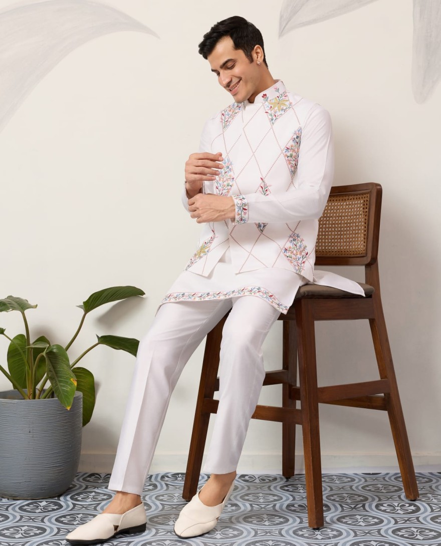 WHITE - Elegant Wedding Special White Koti Kurta Pajama Set