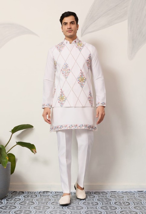 Elegant Wedding Special White Koti Kurta Pajama Set