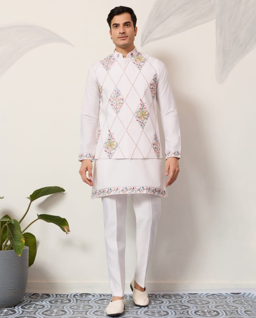 WHITE - Elegant Wedding Special White Koti Kurta Pajama Set