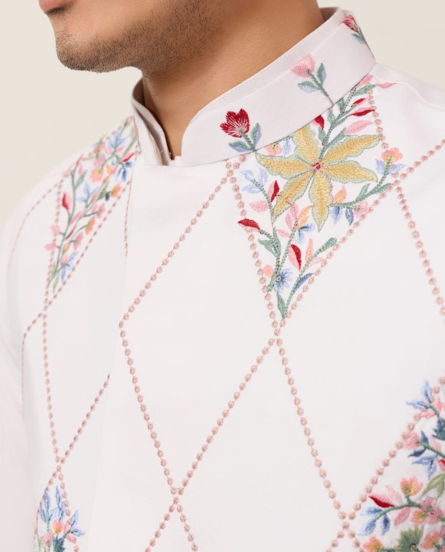 WHITE - Elegant Wedding Special White Koti Kurta Pajama Set