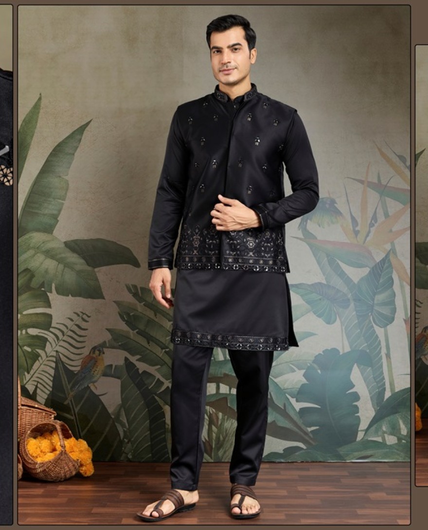61101-black - Elegant Black Embellished Kurta Set for Men