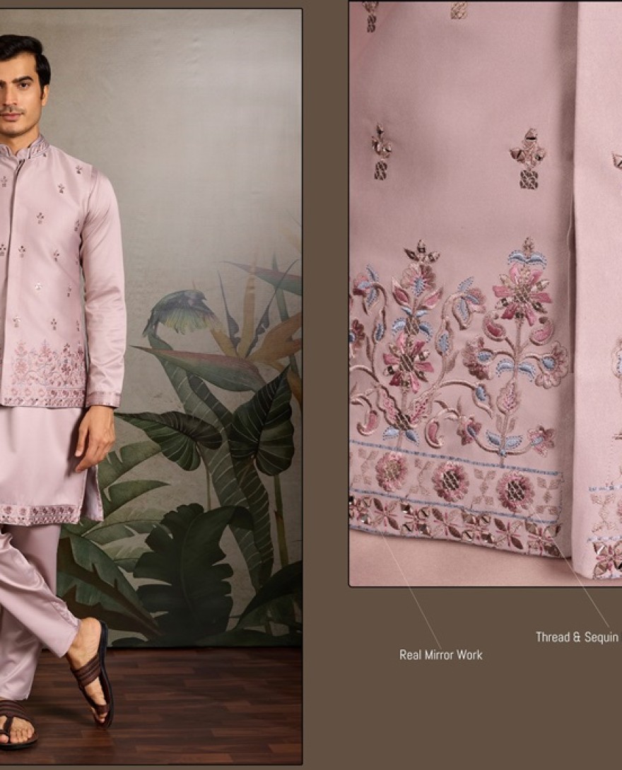 61102-PINK - Dusty Pink Embroidered Kurta Set for Men