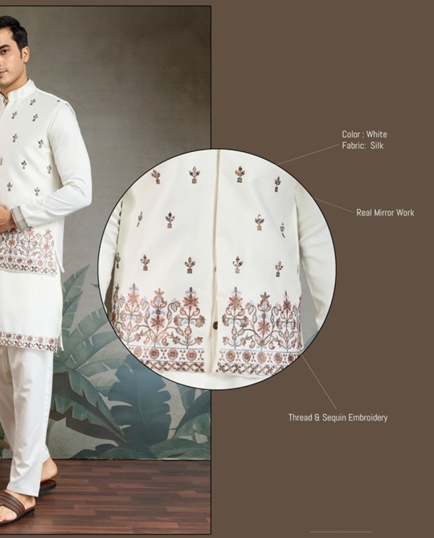 61103-WHITE  - Ivory Embroidered Kurta Set for Men