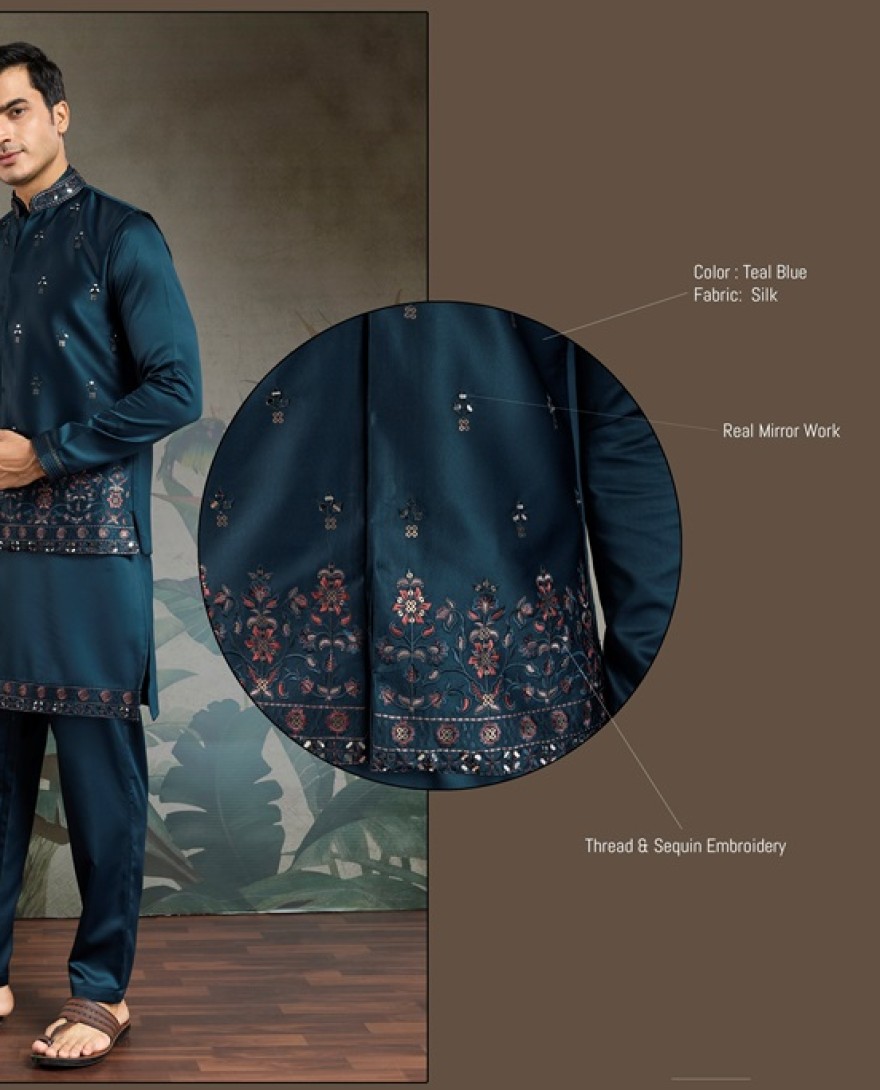 61104-BLUE - Midnight Blue Embroidered Kurta Set for Men