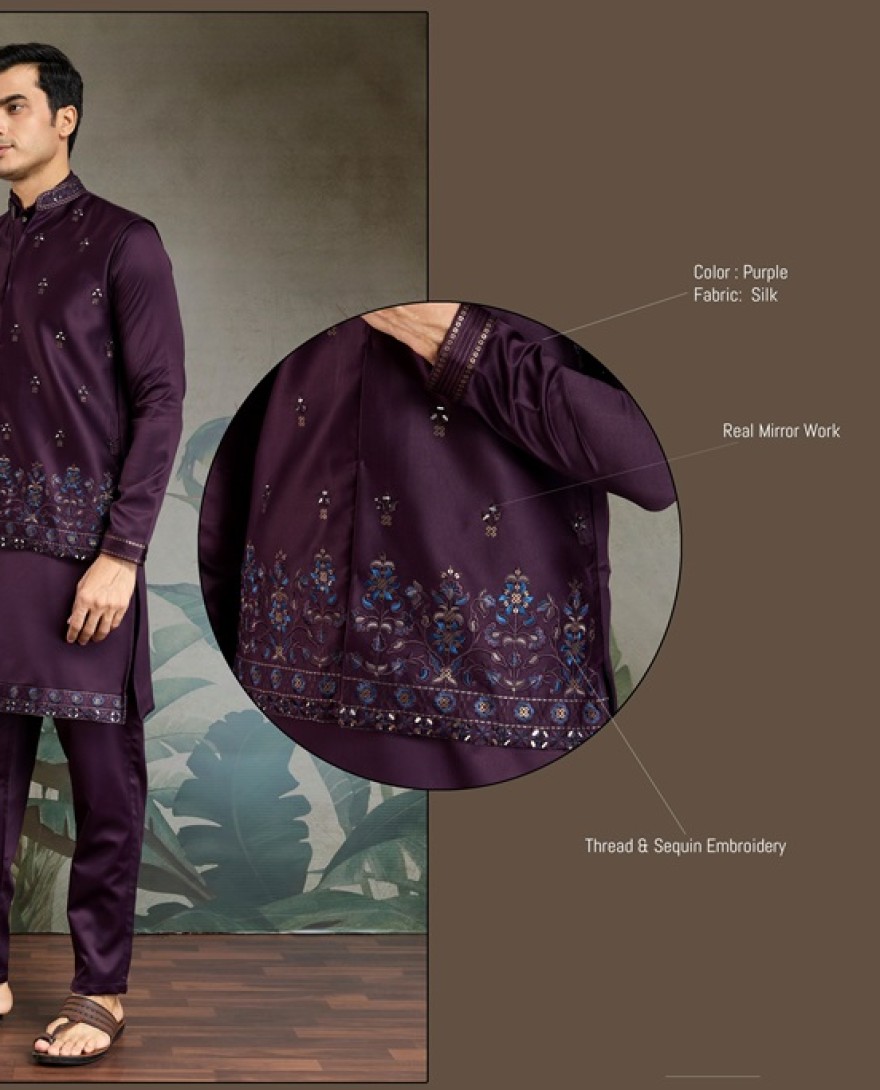 61105-PURPLE - Royal Plum Embroidered Kurta Set for Men