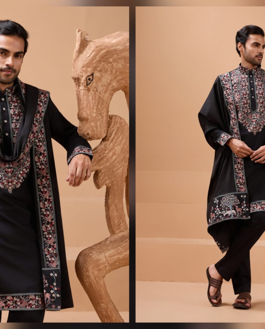 BLACK - Luxury Wedding Look Black Kurta with Dupatta for Mens Wear