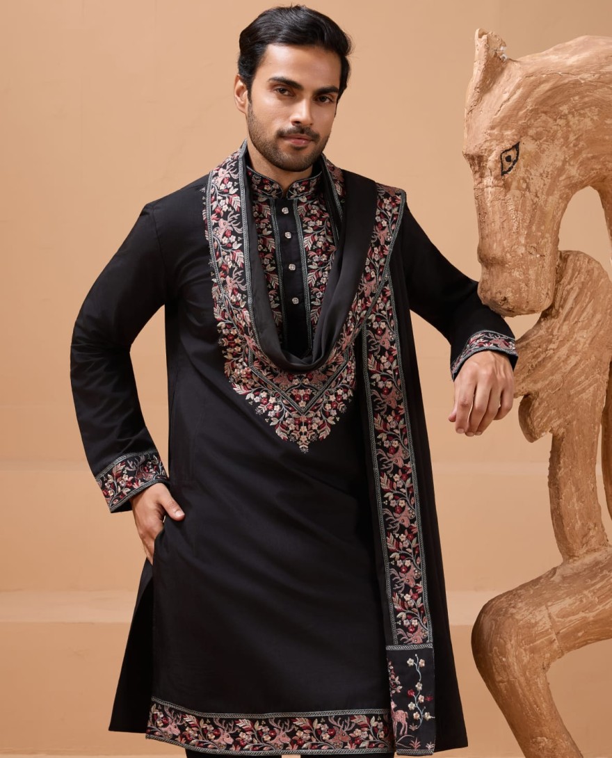 BLACK - Luxury Wedding Look Black Kurta with Dupatta for Mens Wear