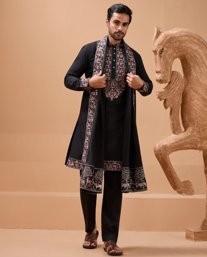 BLACK - Luxury Wedding Look Black Kurta with Dupatta for Mens Wear