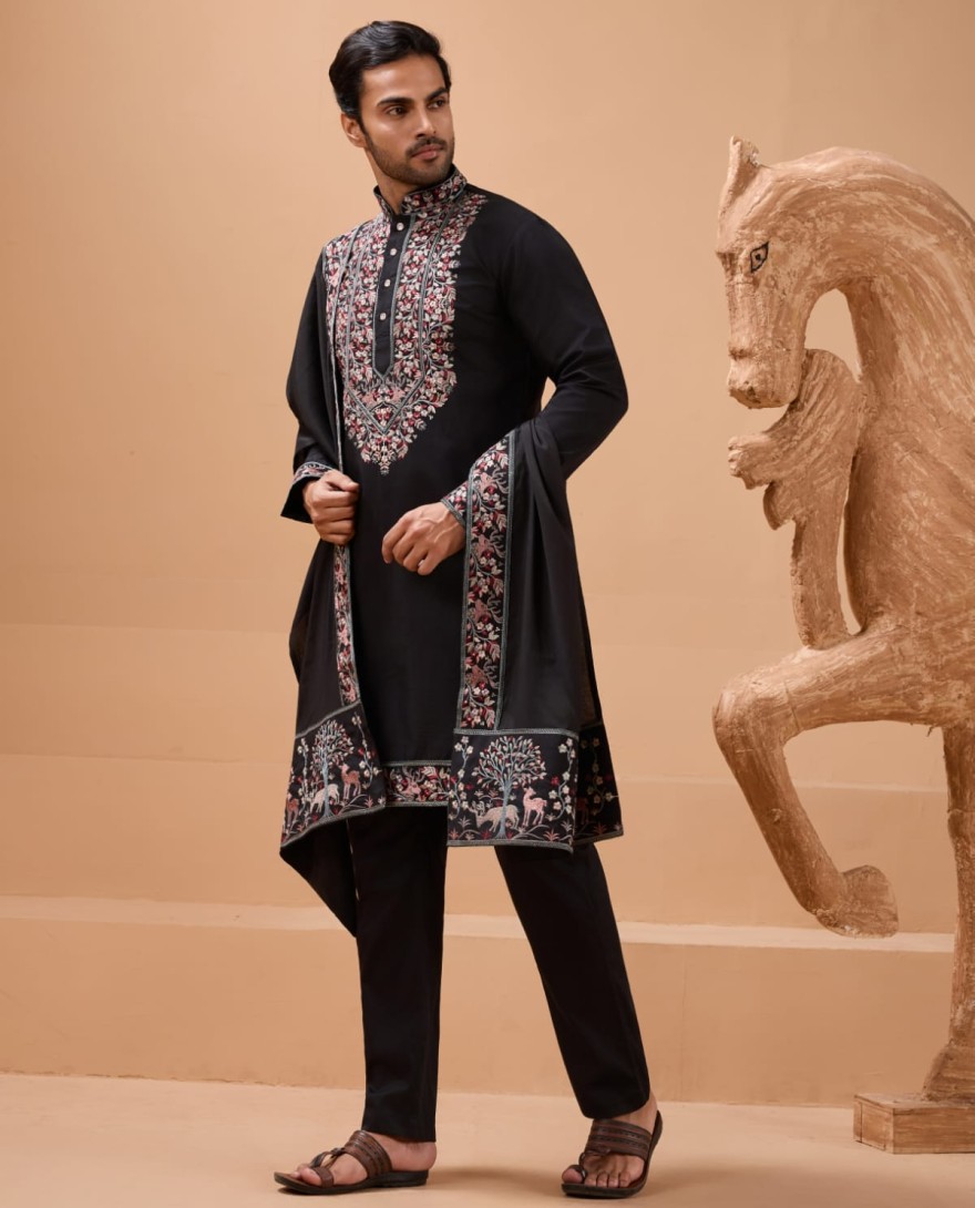 BLACK - Luxury Wedding Look Black Kurta with Dupatta for Mens Wear