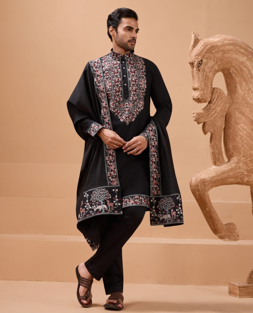 BLACK - Luxury Wedding Look Black Kurta with Dupatta for Mens Wear