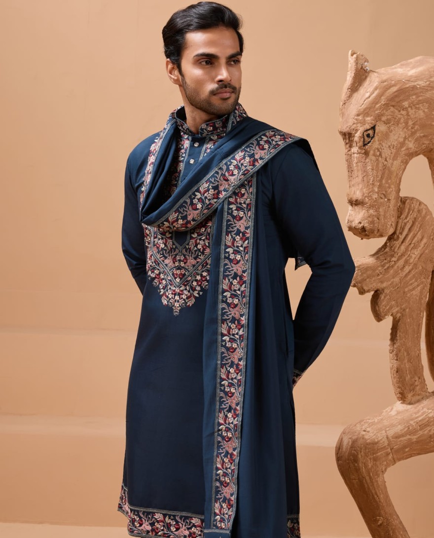 BLUE - Elegant Teal Blue Kurta with Dupatta for Mens Wear