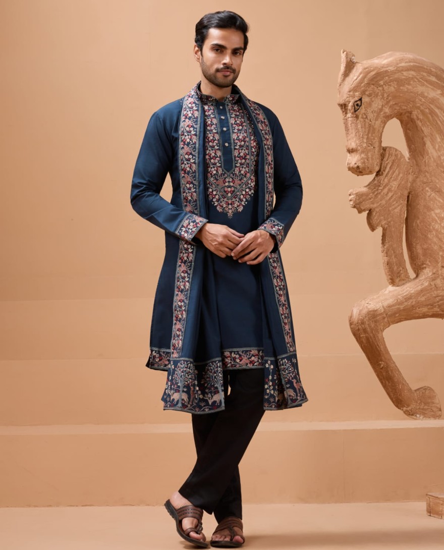 BLUE - Elegant Teal Blue Kurta with Dupatta for Mens Wear