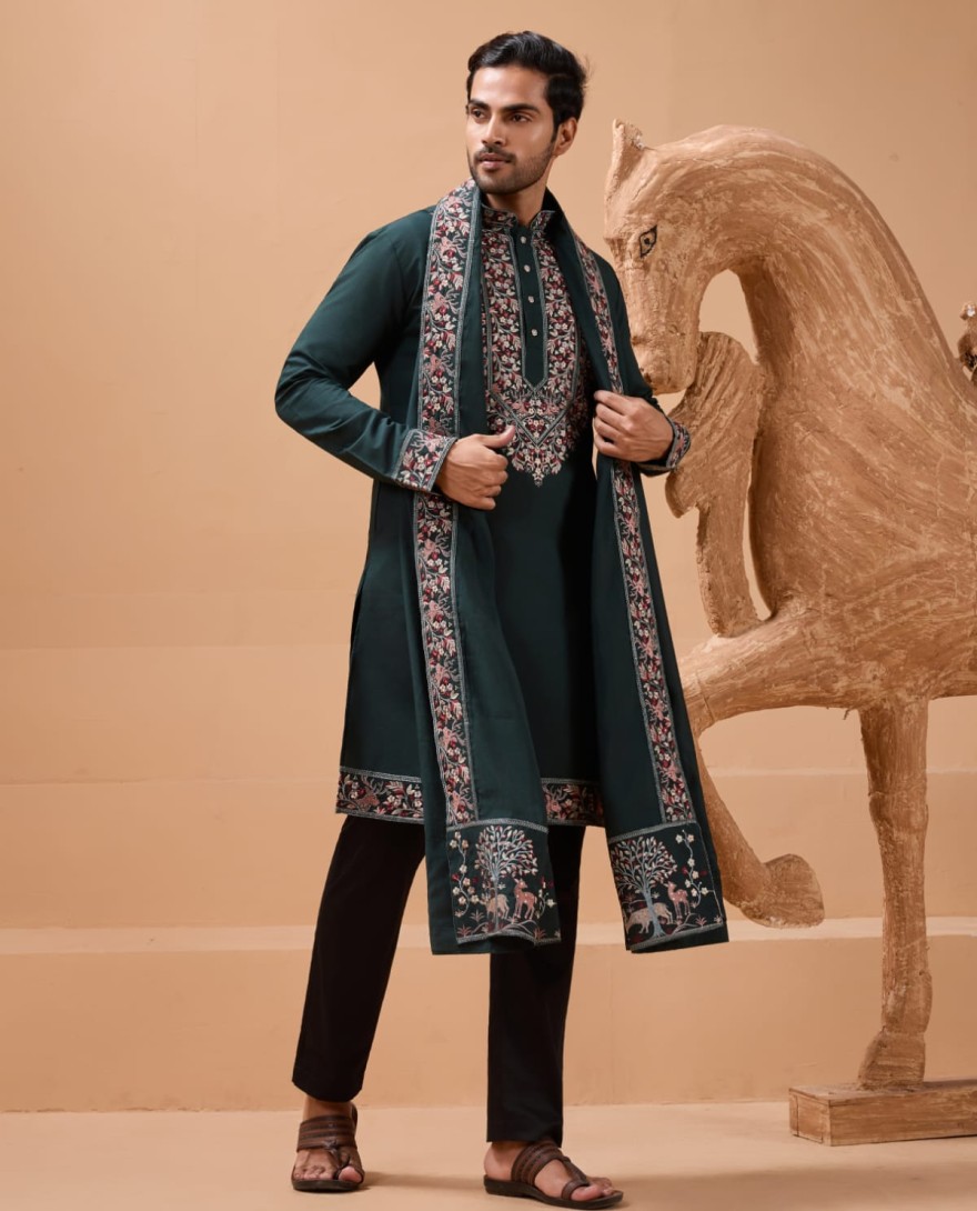 GREEN - Perfect Green Festival Special Kurta with Dupatta for Mens
