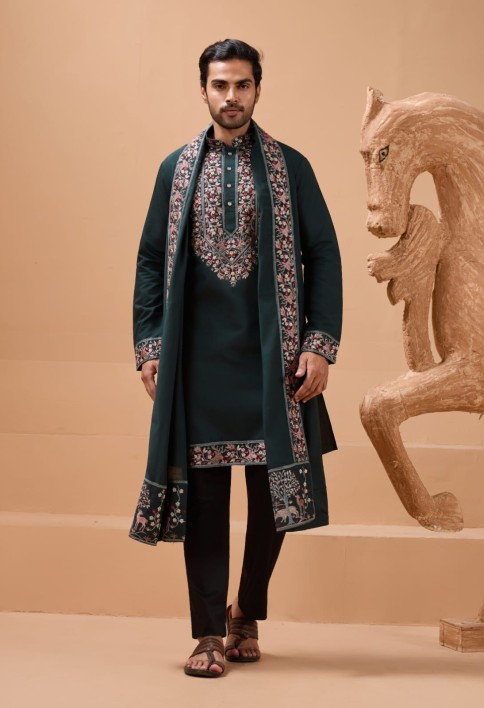 Perfect Green Festival Special Kurta with Dupatta for Mens