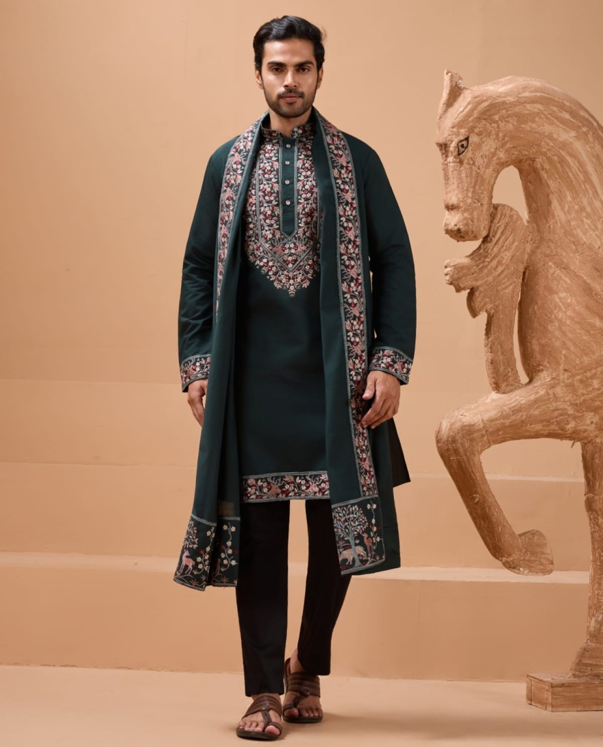 GREEN - Perfect Green Festival Special Kurta with Dupatta for Mens