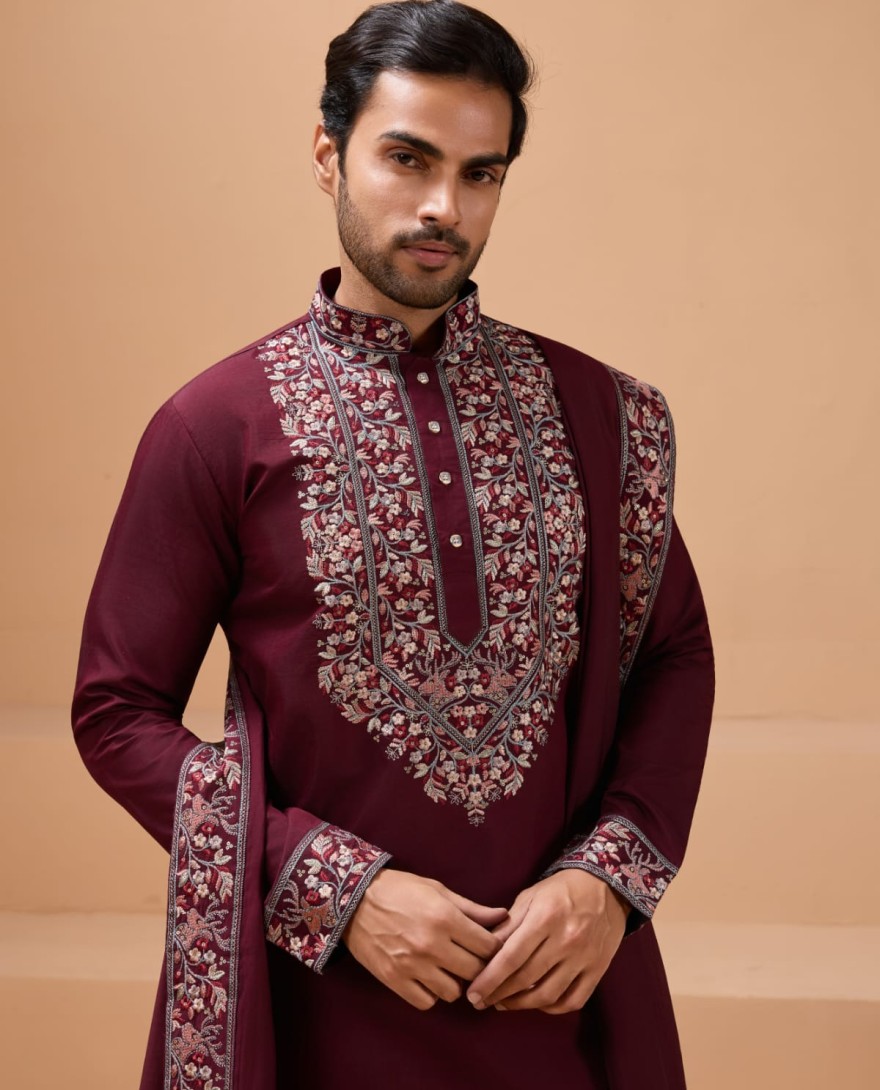 MAROON - Latest Signature Maroon Kurta and Dupatta for Mens Wear