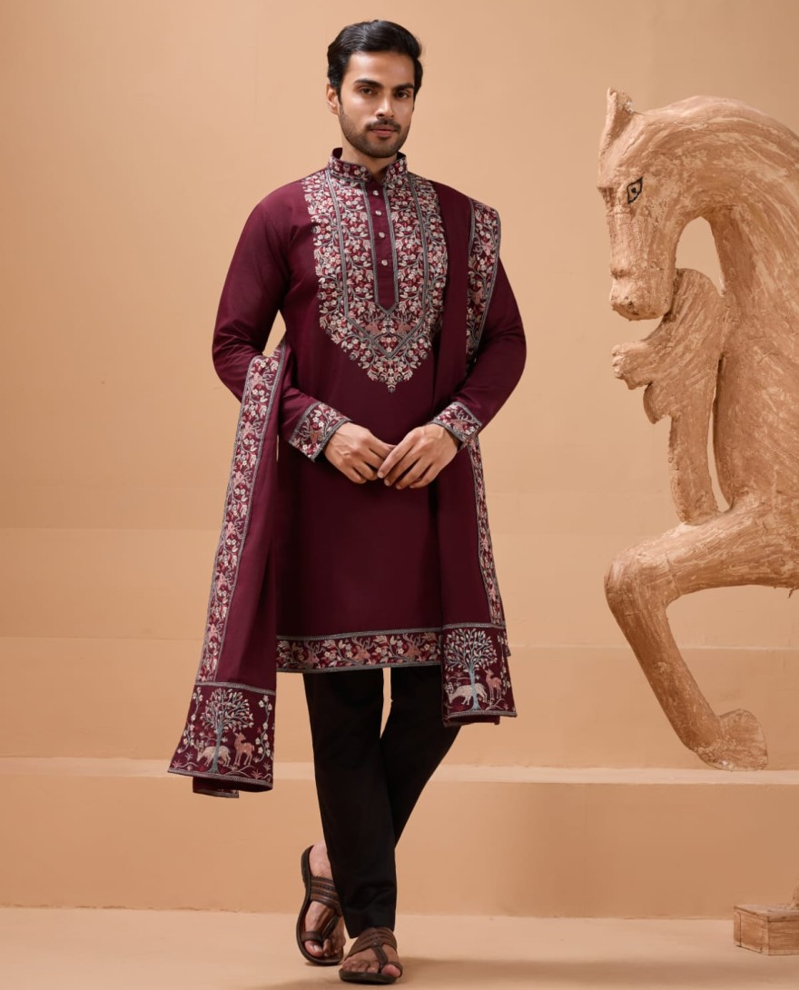 MAROON - Latest Signature Maroon Kurta and Dupatta for Mens Wear