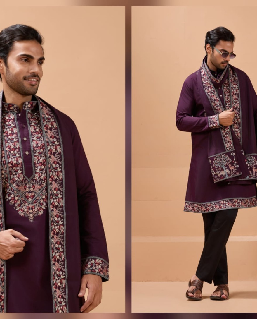 PURPLE - Ethnic Look Purple Kurta with Dupatta Mens Wear Special