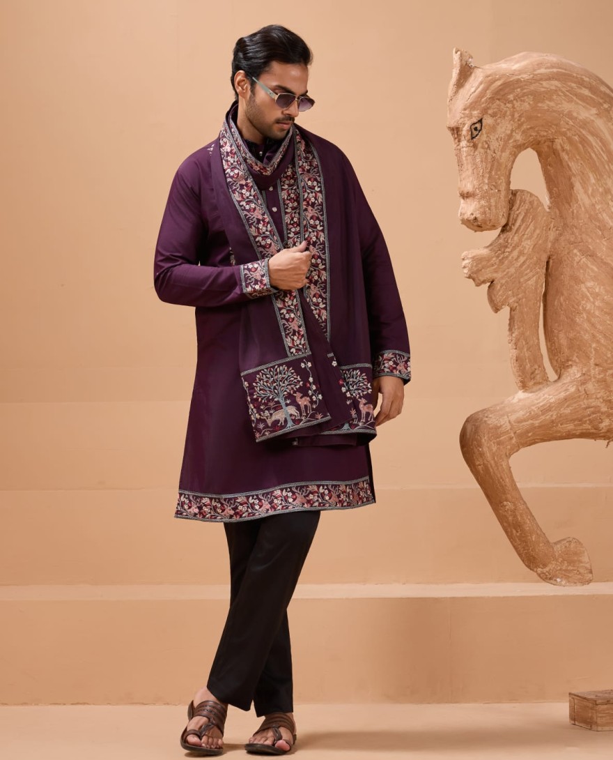 PURPLE - Ethnic Look Purple Kurta with Dupatta Mens Wear Special