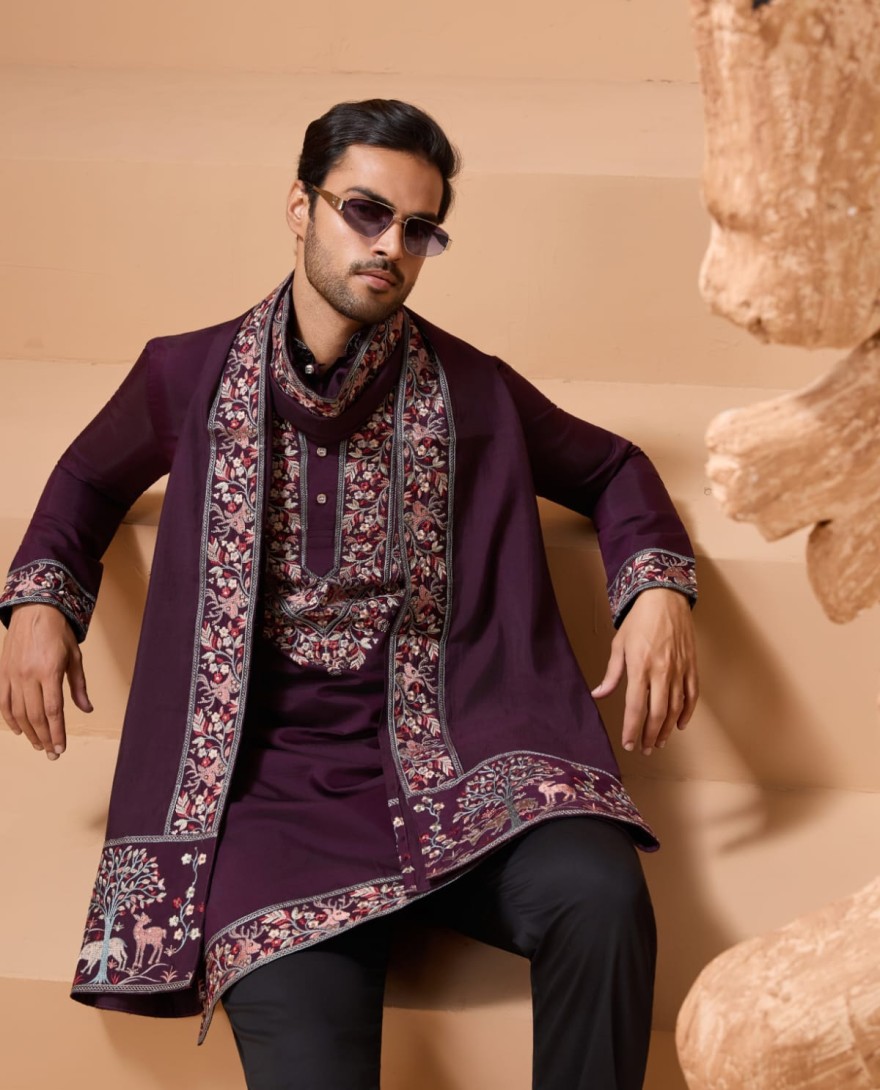 PURPLE - Ethnic Look Purple Kurta with Dupatta Mens Wear Special