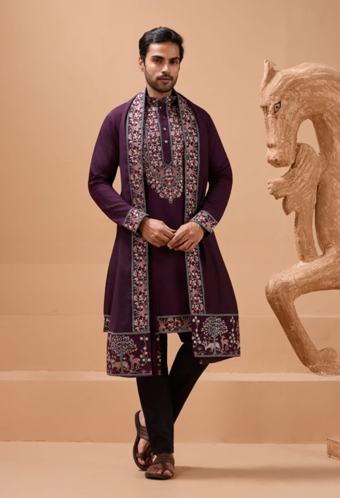 Ethnic Look Purple Kurta with Dupatta Mens Wear Special