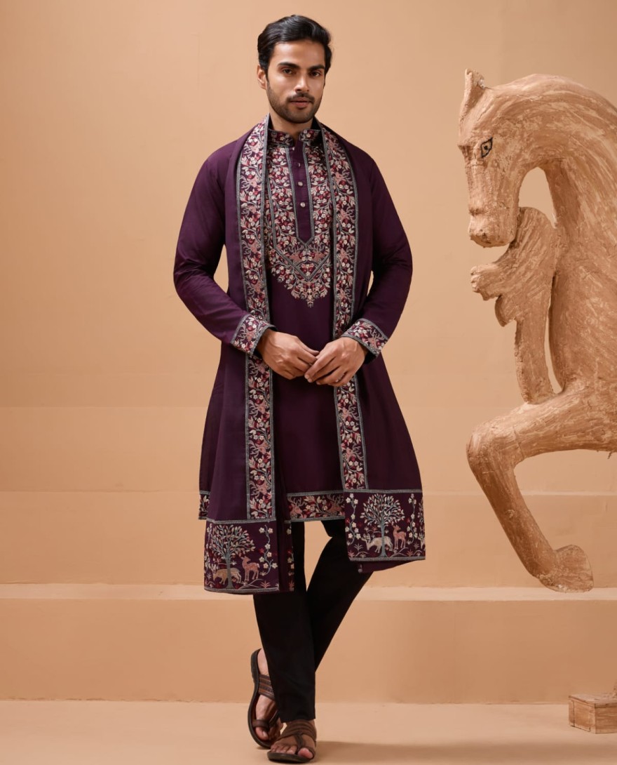 PURPLE - Ethnic Look Purple Kurta with Dupatta Mens Wear Special