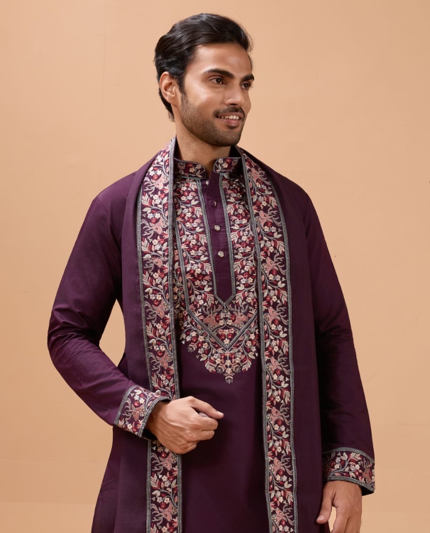 PURPLE - Ethnic Look Purple Kurta with Dupatta Mens Wear Special