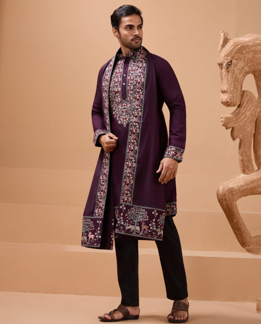 PURPLE - Ethnic Look Purple Kurta with Dupatta Mens Wear Special
