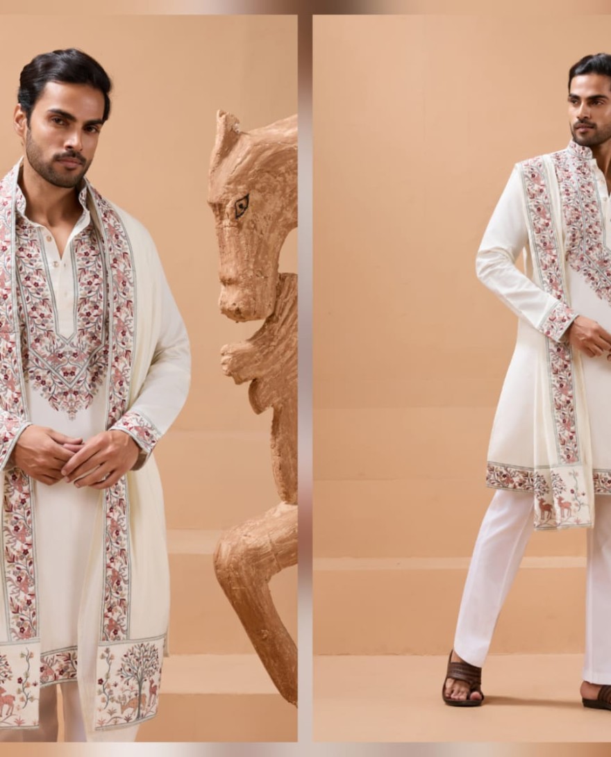 WHITE - Vibrant Look White Kurta Dupatta Set for Mens Wear