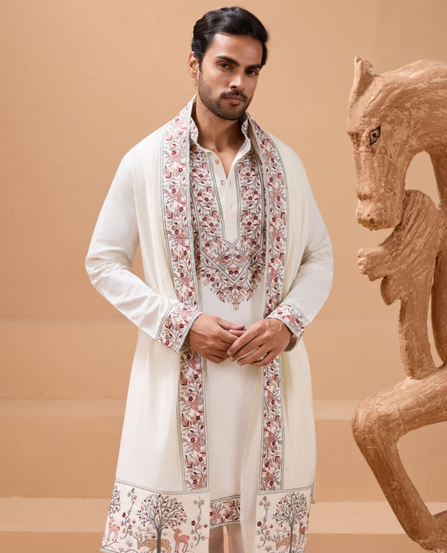 WHITE - Vibrant Look White Kurta Dupatta Set for Mens Wear