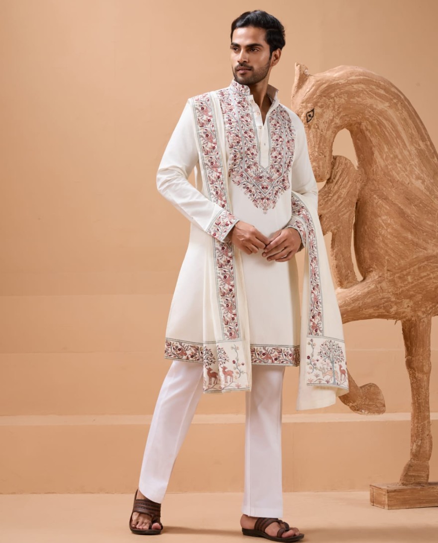 WHITE - Vibrant Look White Kurta Dupatta Set for Mens Wear