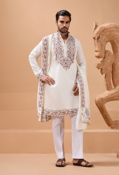 Vibrant Look White Kurta Dupatta Set for Mens Wear