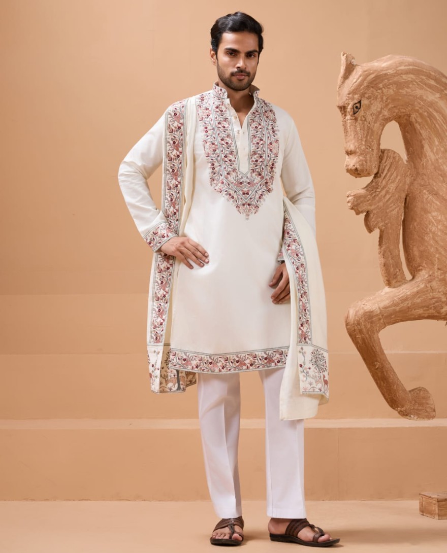 WHITE - Vibrant Look White Kurta Dupatta Set for Mens Wear