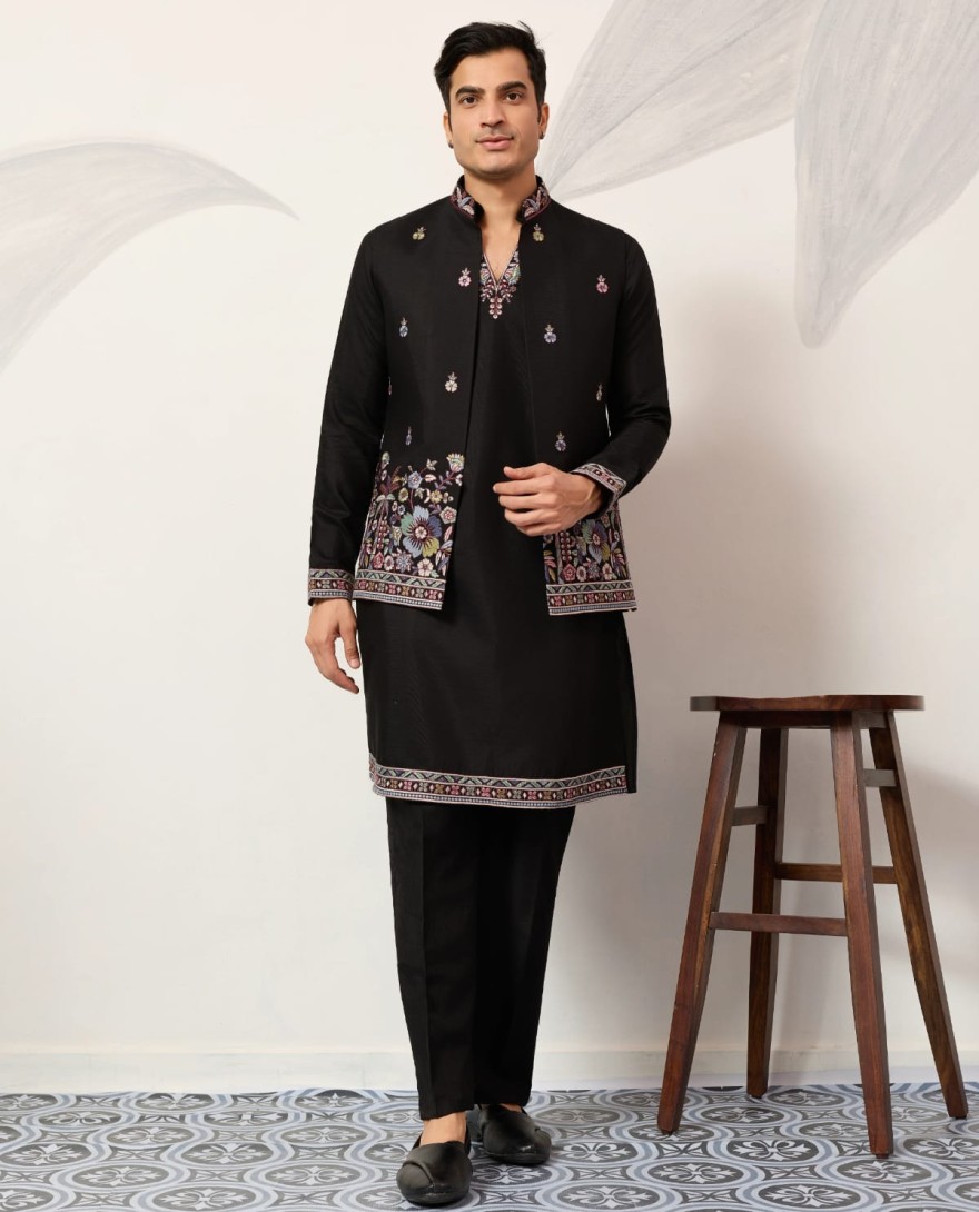 BLACK - Wedding Special Black Koti Kurta with Pant for Mens Wear