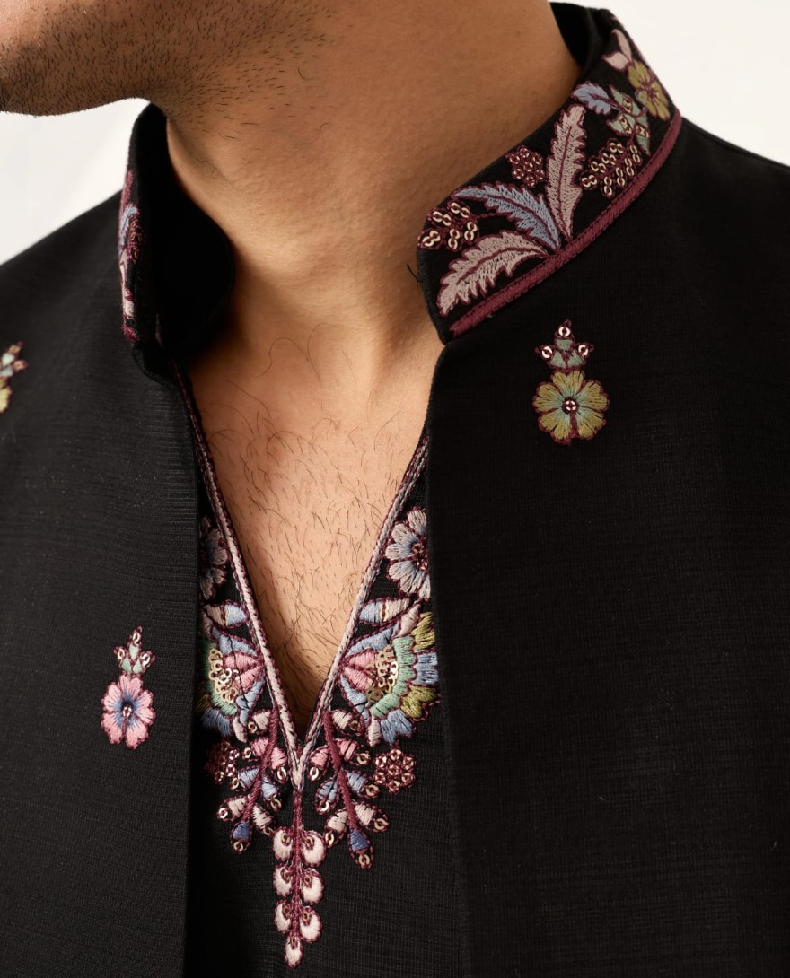 BLACK - Wedding Special Black Koti Kurta with Pant for Mens Wear