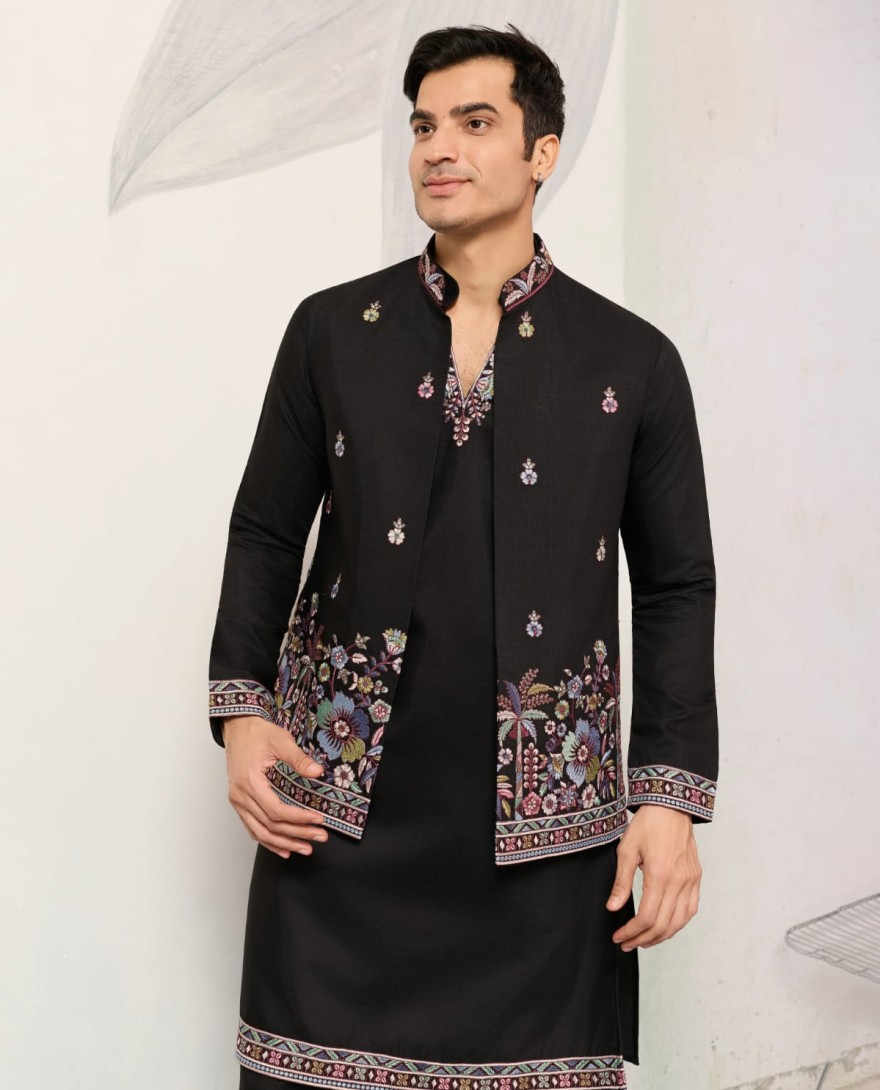 BLACK - Wedding Special Black Koti Kurta with Pant for Mens Wear