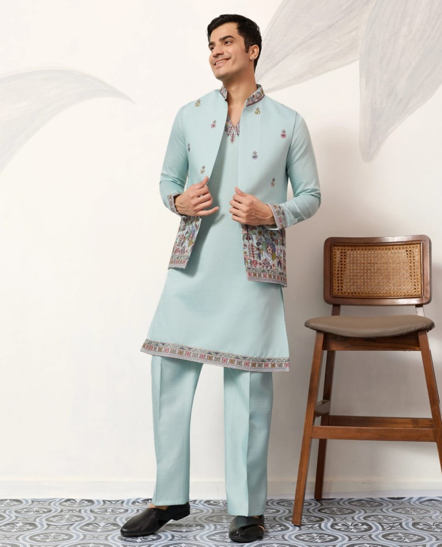 BLUE - Elegant Groom Pista Koti Kurta Pant for Wedding Special