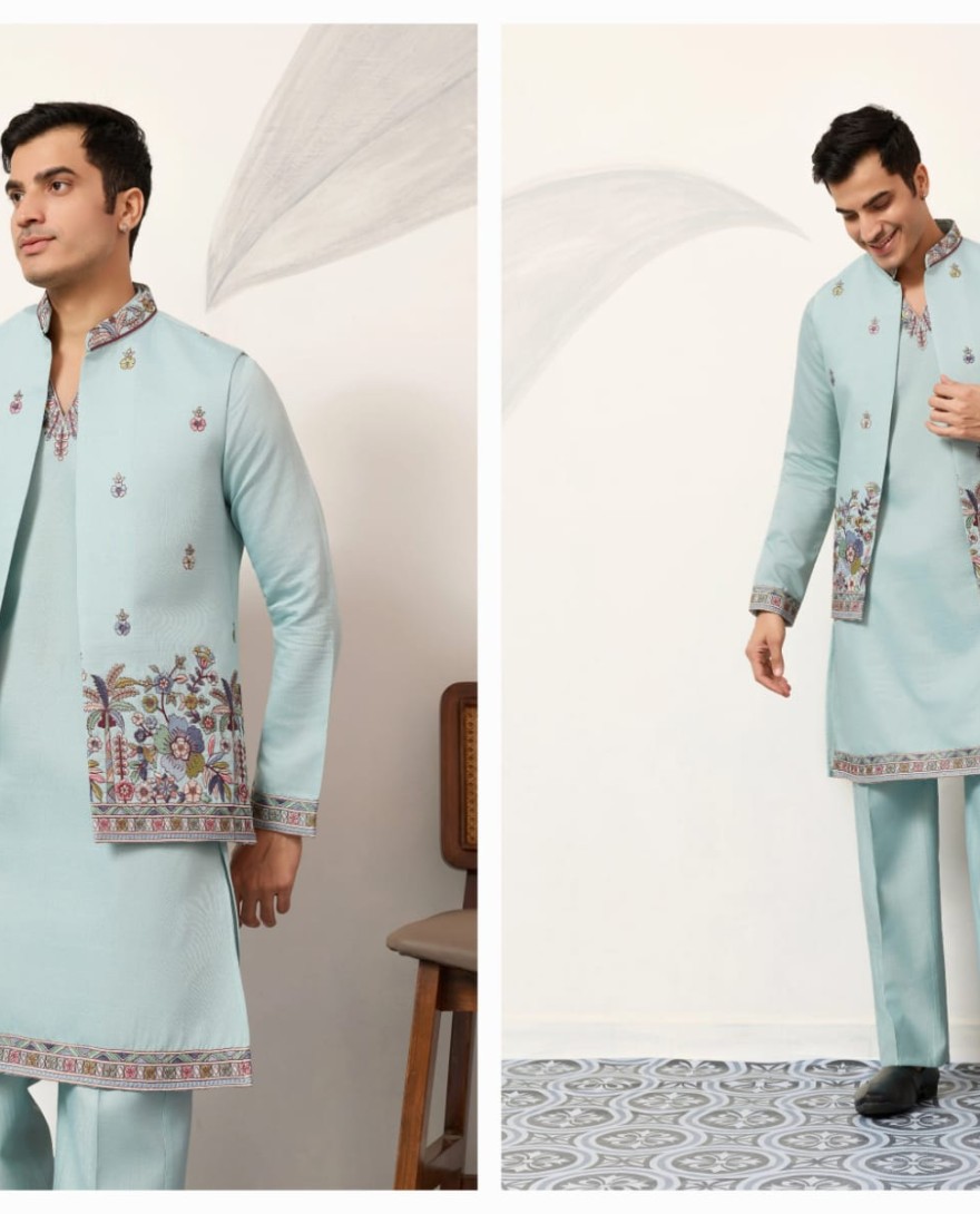 BLUE - Elegant Groom Pista Koti Kurta Pant for Wedding Special