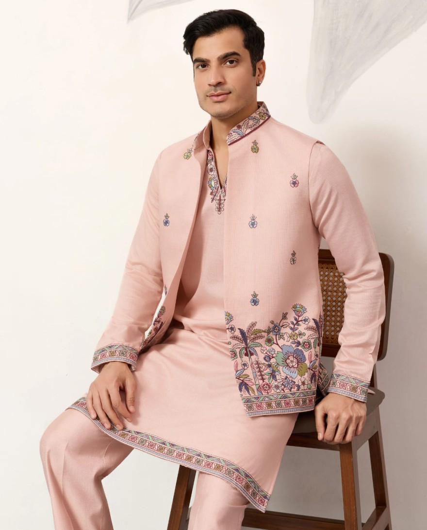 PEACH - Royal Groom Ceremony Peach Koti Kurta Pair Mens Wear