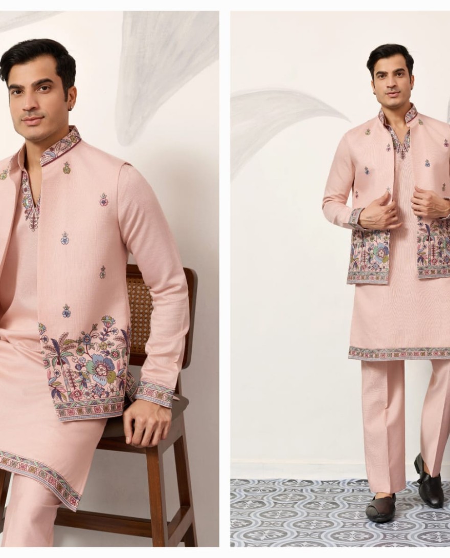 PEACH - Royal Groom Ceremony Peach Koti Kurta Pair Mens Wear