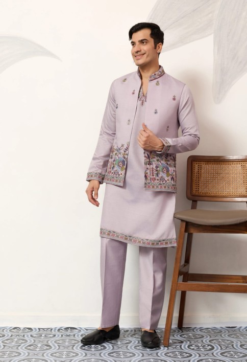 Indian Traditional Dusty Lavender Koti Kurta Pant Wedding Set