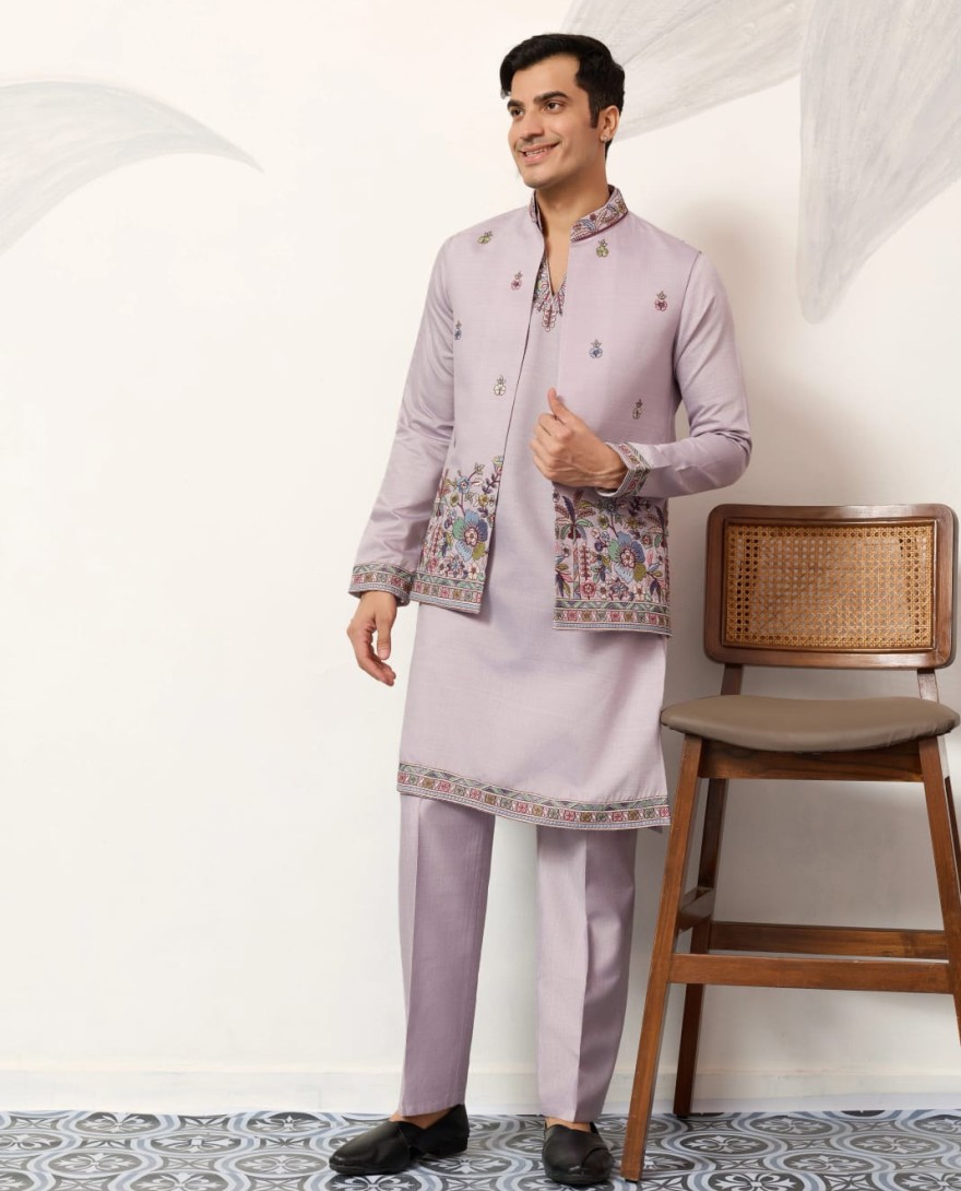 LAVENDER - Indian Traditional Dusty Lavender Koti Kurta Pant Wedding Set