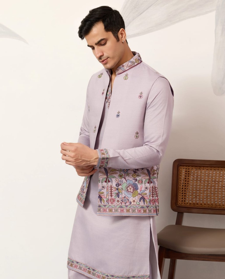 LAVENDER - Indian Traditional Dusty Lavender Koti Kurta Pant Wedding Set