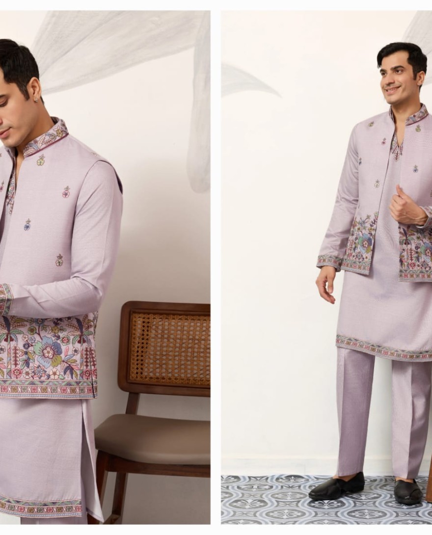 LAVENDER - Indian Traditional Dusty Lavender Koti Kurta Pant Wedding Set